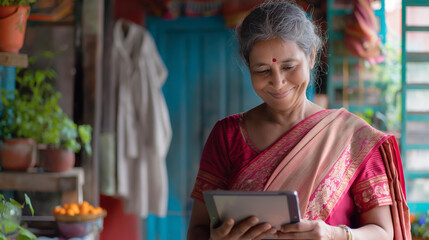 Indian Retired Woman Looking at Tablet in Hand with Joy in Her Backyard, Retirement Activities, Technology with Seniors