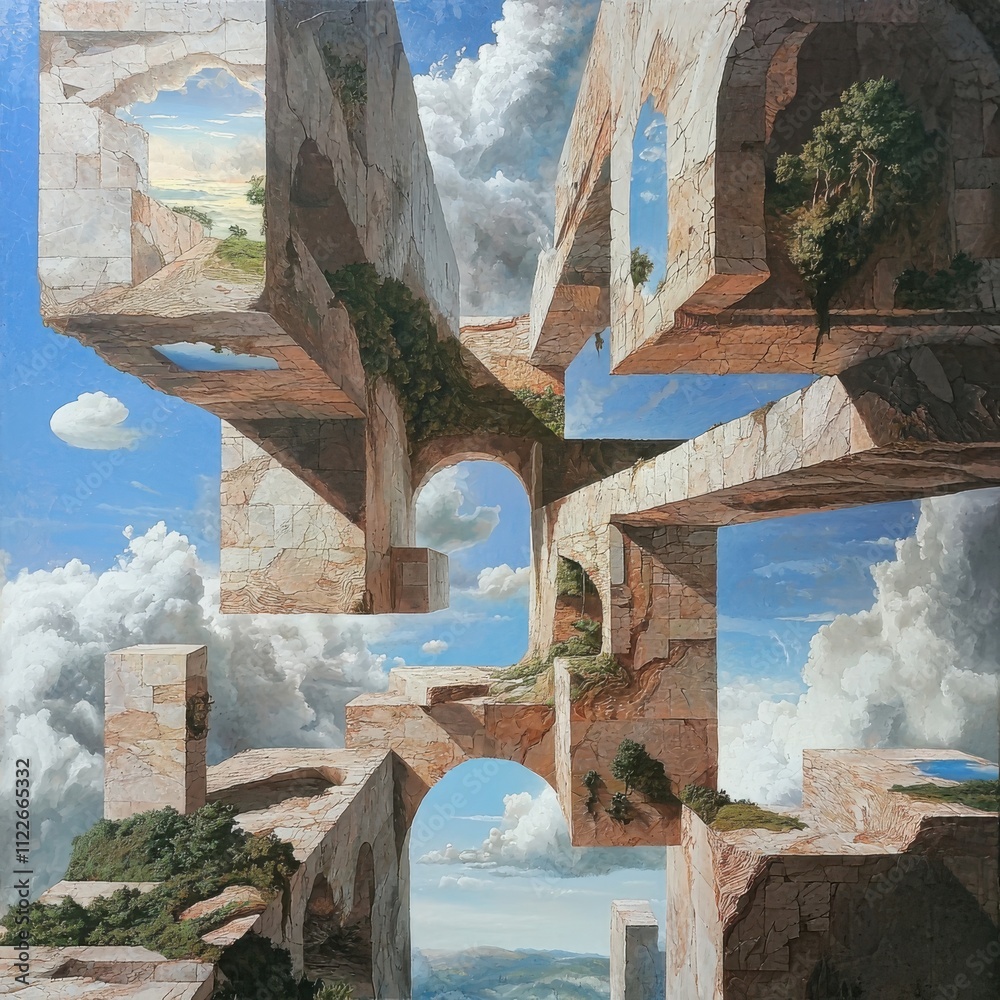 Poster exploring the intersection of parallel realitiesmerging dimensional landscapes in an ethereal enviro