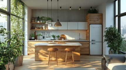 Sunlit modern kitchen with island, wood cabinets, and abundant plants.