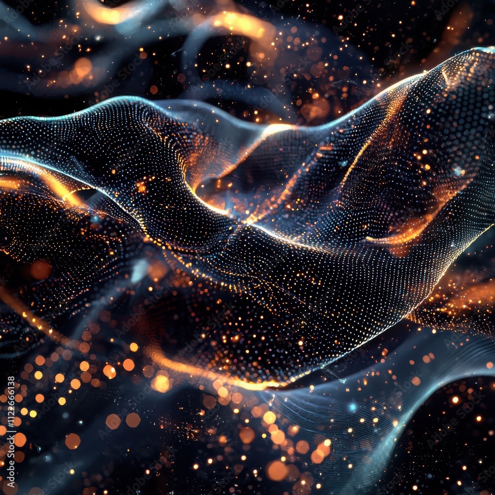 Poster visualizing quantum particle interactions through abstract dynamics in a cosmic environmenta scienti