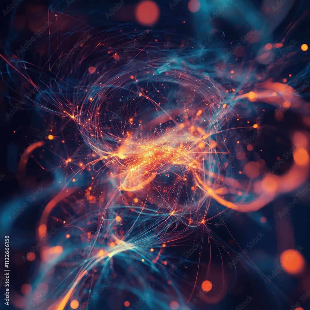 Poster visualizing quantum particle interactions in abstract science environmentsa spectacular journey into