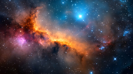 Fototapeta premium stunning cosmic scene featuring vibrant nebula with orange and purple hues, surrounded by countless stars in crystal clear night sky. beauty of universe captivates viewer