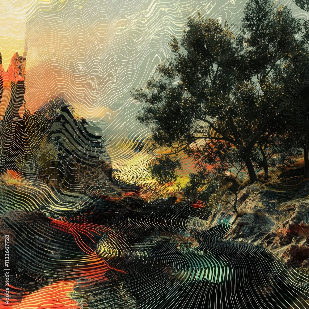 Poster visualizing technological intuitionliving predictive algorithms in nature digital landscape interact