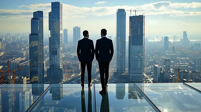 Path to progress: entrepreneurs with a cityscape in construction, economic investment, capital infusion, and breakthrough business ventures; a symbol of financial success and market evolution.