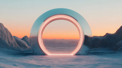 futuristic portal stands in surreal landscape, surrounded by rocky terrain and soft, glowing horizon. scene evokes sense of wonder and exploration