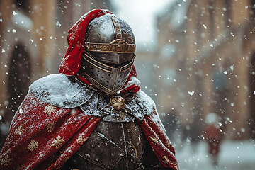 A knight in snowy attire stands in a historic street, evoking a medieval atmosphere.