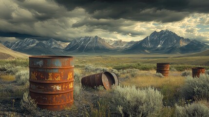Obraz premium Abandoned rusted barrels in a polluted landscape, framed by rugged mountains and dramatic stormy skies, highlighting ecological concerns