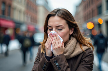 A sick woman sneezing on the street, covering her nose with a white handkerchief