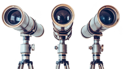 Triple Telescope Trio, silver telescopes, sturdy tripods, exploration focused, minimal background, aligned perspective. Isolated on white background or PNG