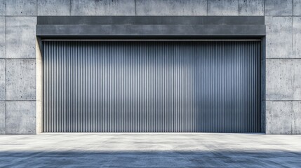 a factory, warehouse, or other industrial structure. Roller doors or roller shutters provide protection. Concrete floor, steel wall, and vacant space for industrial backdrop in modern interior design