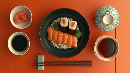 Delicious Sushi Meal Served With Noodles And Tea