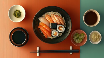 Delicious Sushi Noodle Bowl With Sides A Japanese Meal