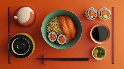 Delicious Asian Cuisine Salmon Noodles Sushi Meal