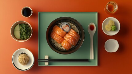 Salmon Sushi Noodles Arranged On A Green Tray