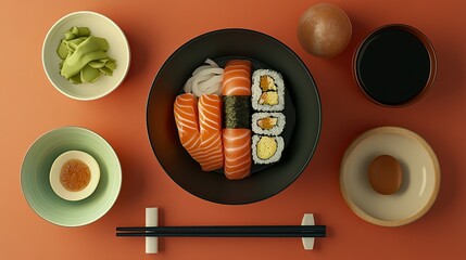 Salmon Sushi Set with Sides and Chopsticks