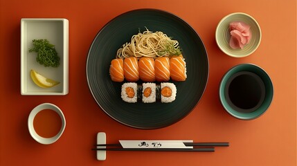 Salmon Sushi Noodles And Garnishes Arranged On Orange Background