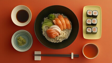 Delicious Salmon Sushi Noodles And Tea Presentation