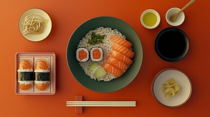 Salmon Sushi Rice Bowl With Sides And Chopsticks