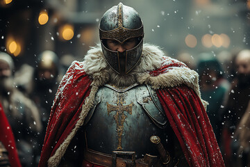 A medieval knight in armor with a red cape stands amidst a snowy crowd.