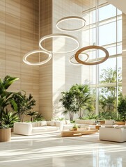 Fototapeta premium The modern and elegant interior design of the lobby is characterized by light-colored interior gardens, white furniture, wooden elements, green plants and flowers, simple style