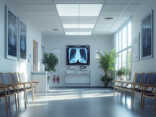 Fototapeta premium very modern x-ray screens with AI in a hospital that denotes innovation and appears a doctor in the health sector in a fresh clean minimal 