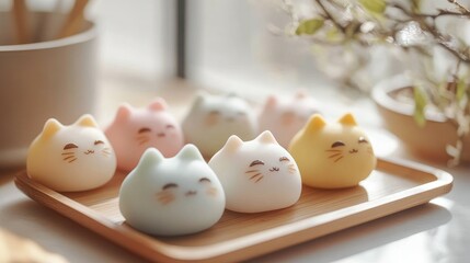 Cat-inspired mochi desserts on a simple tray in a bright kitchen filled with warm, natural tones.