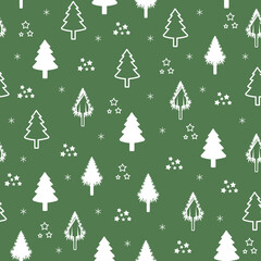 Seamless Christmas tree pattern with snowflakes. Christmas, new year design in white color designed trees on green background. vector illustration © SONIA SHAIKH