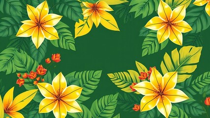 Exotic yellow and green tropical leaves and flowers seamless design, outdoor inspiration, seamless repeats, floral patterns