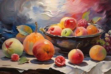 Colorful Fruit and Vegetable Illustration with Watercolor Splashes, abstract background.