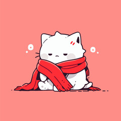 Cute Cartoon Cat Wrapped in Red Scarf on Pink Background. Vector Cute Cat.