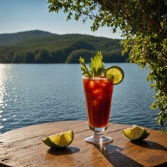 A tall Bloody Mary glass placed on a sun-dappled outdoor table, with fresh ingredients surrounding it, and a stunning lake view in the background.