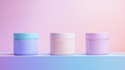 Close-up of pastel pink, lavender, and blue cream jars artistically arranged on a gradient background with soft, diffuse lighting