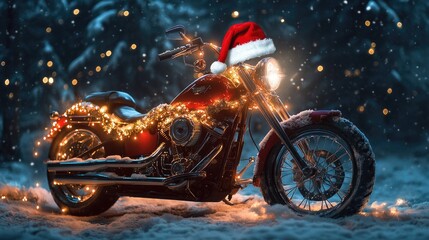 A festive motorcycle adorned with lights, garlands, and a Santa hat, parked in a snowy landscape, creating a unique and playful holiday scene.