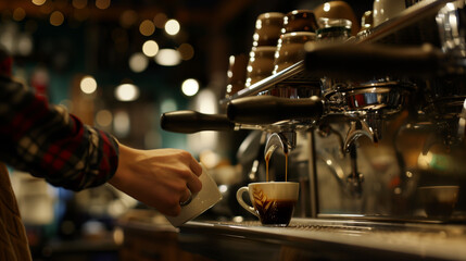 Naklejka premium Espresso shot in a coffee shop with close-up view.