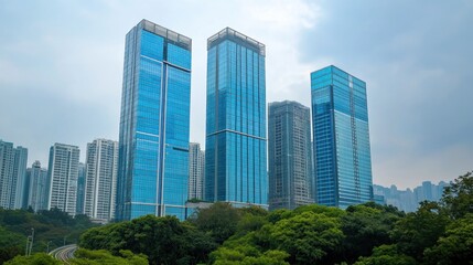 Fototapeta premium Three modern glass skyscrapers rise above lush green trees and a cityscape under a cloudy sky.