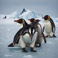 Obraz premium A family of penguins on an icy Antarctic plain.