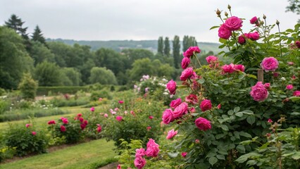 Fototapeta premium fuchsia bush roses surrounded by lush greenery, summer hues, natural beauty