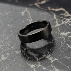 A black titanium ring with a sleek matte finish, placed on a marble slab.

