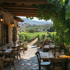 Fototapeta premium A scenic outdoor dining area overlooking lush vineyards and mountains.
