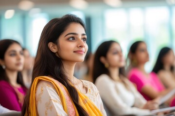 A group of multiethnic Indian university female students sitting in a large, modern conference hall