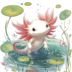 Obraz premium A whimsical axolotl in a serene pond surrounded by lily pads and vibrant greenery.