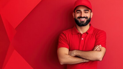 Obraz premium indian male model in a neat red a white delivery outfit on a red modern geometric background