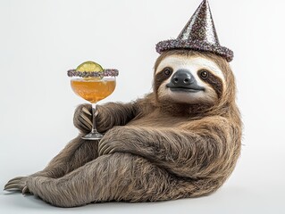 Fototapeta premium Celebratory Sloth Cozy Lounge Digital Art Relaxing Environment Whimsical Viewpoint Party Vibe with Cocktails