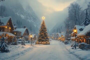 Fototapeta premium Winter cabins surrounded by snowy pines