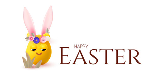 Happy Easter! Holiday background with cute smiling egg with rabbit ears and flowers. Easter bunny and eggs on white background