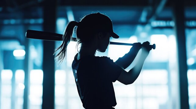 Silhouette female baseball player with a strong gaze hitting a ball