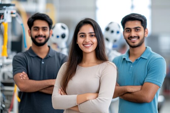 Young students standing confidently with arms crossed in front of their amateur robotics startup lab.