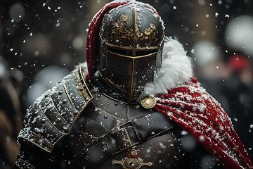 A knight in ornate armor with a fur-lined cape stands in a snowy environment.