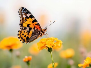 Butterfly emerging into a bright meadow, softfocus wildflowers in the background, sunrise glow