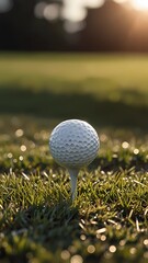 A white golf ball is sitting on a grassy field. The ball is surrounded by grass and the sun is shining on it